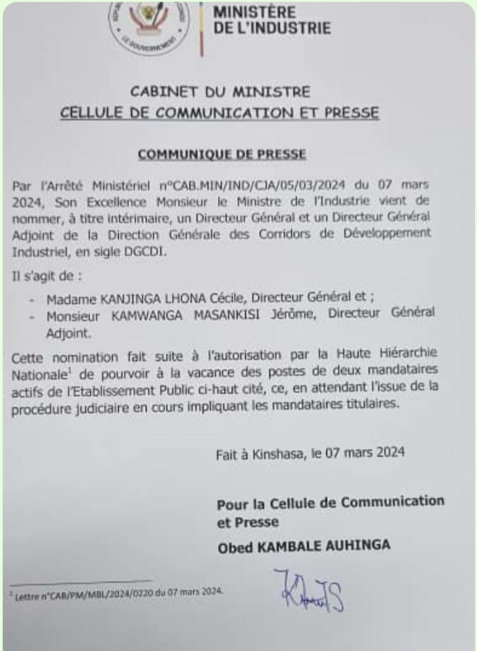 Le ministre Julien Paluku nomme une femme, Kanjinga Cécile à la tête de la Direction Générale des Corridors de Développement Industriel