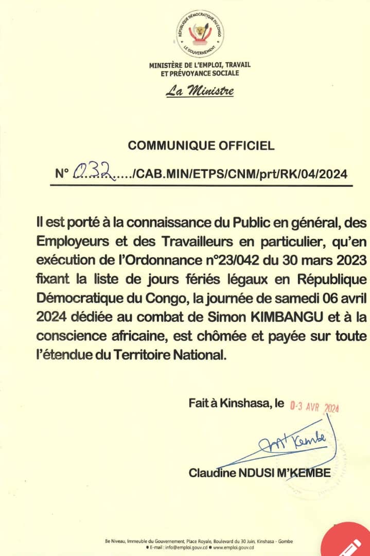 RDC: La journée du 06 Avril 2024 déclarée chômée et payée en mémoire du combat de Simon Kimbangu et de la conscience africaine
